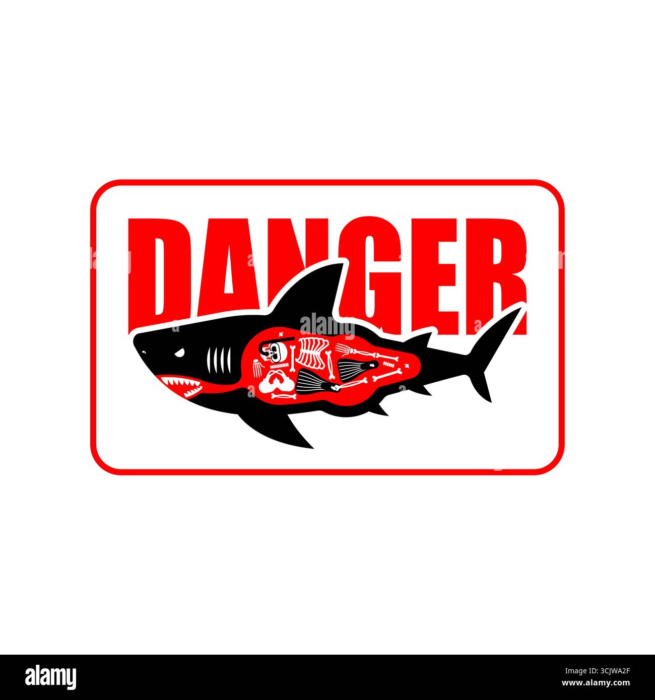 segnale di pericolo di squalo, che simboleggia la minaccia dell'oceano, il predatore e il pericolo per la sicurezza. Perfetto per progetti marini, di viaggio e di sicurezza. Illustrazione Vettoriale