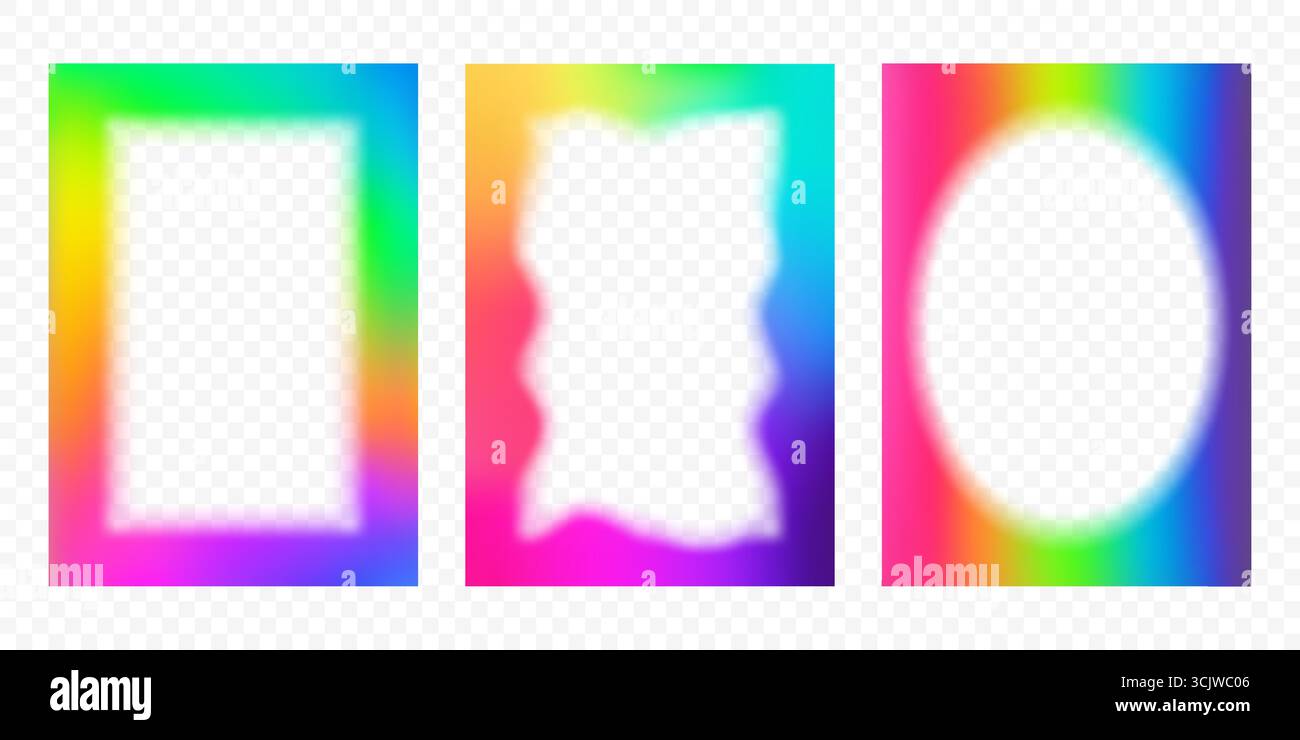 Cornice sfumata con bordi sfocati. Disegni astratti vettoriali arcobaleno. Graziosi modelli al neon brillanti. Sfondi rettangolari dal design moderno e minimalista Illustrazione Vettoriale