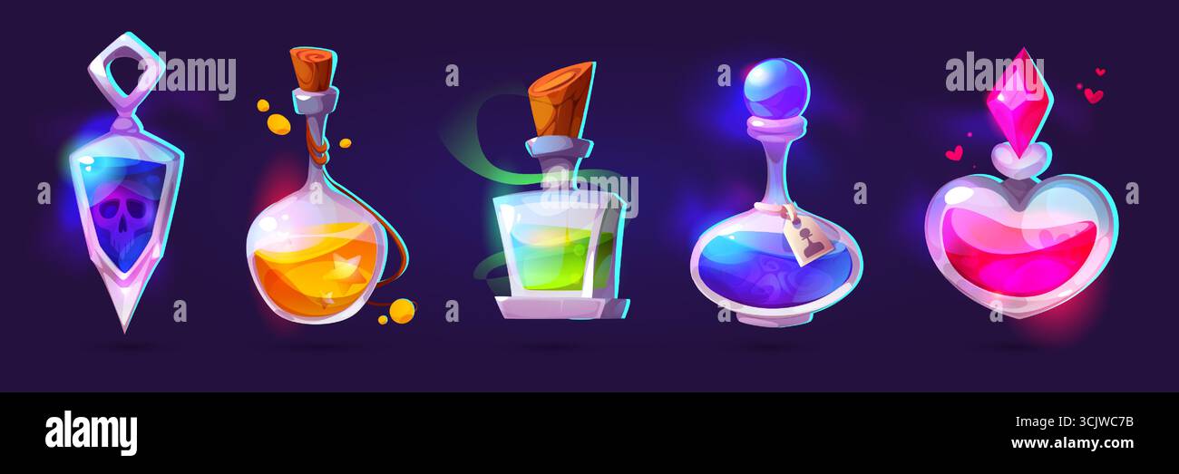 Collezione di giochi in bottiglia di pozione con elisir magici brillanti, matraccio di teschio velenoso e fiale d'amore a forma di cuore per il design fantasy dei giochi di ruolo. Contenitori per alchimisti colorati con sugheri e liquidi mistici. Illustrazione Vettoriale