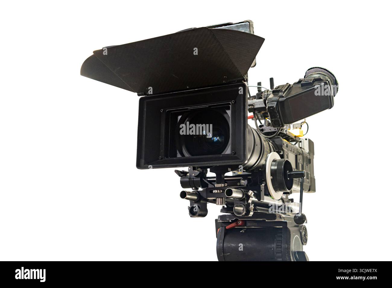 Videocamera high-tech per riprese cinematografiche professionali, isolata su sfondo bianco Foto Stock