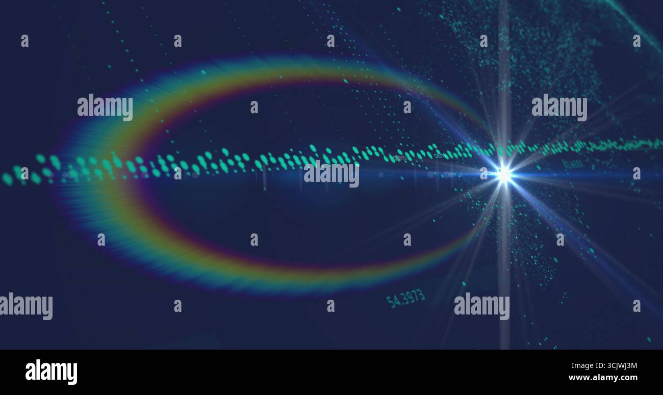 Bagliore luminoso simile a una stella che emette fasci radiali nella visualizzazione dei dati con anello arcobaleno e spazio di copia Foto Stock