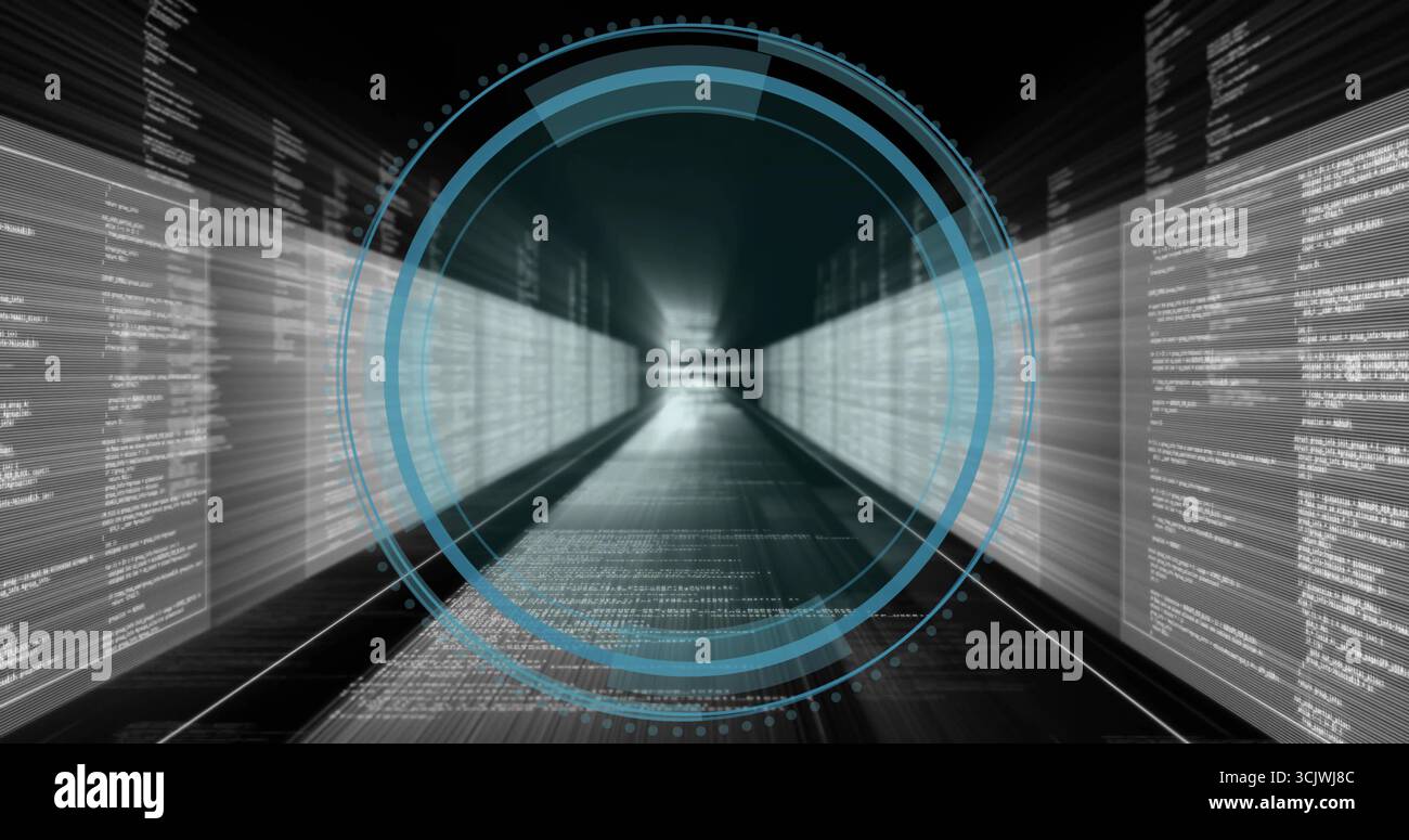 Corridoio esteso nello spazio digitale che mostra i pannelli di codice codice codice bianco in streaming del pavimento della griglia, con HUD Foto Stock