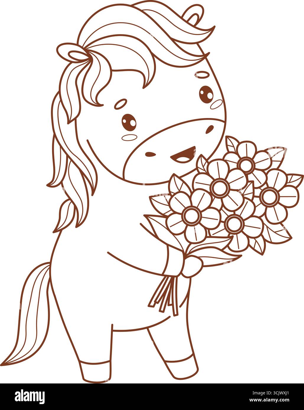 Delinea Happy Holiday Horse con bouquet di fiori. Carino Cartoon Pony Kawaii Animal. Disegno al tratto, libro da colorare. Illustrazione vettoriale. Collezione bambini Illustrazione Vettoriale
