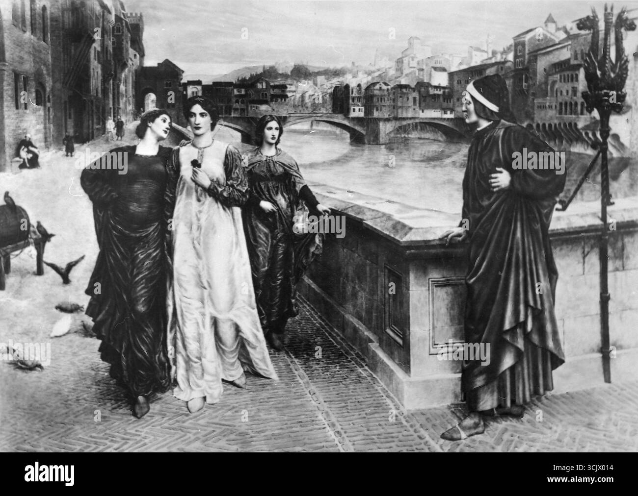 Dante incontra Beatrice al ponte, Firenze, Italia, dipinto di Henry Holiday, anni '1900 Foto Stock