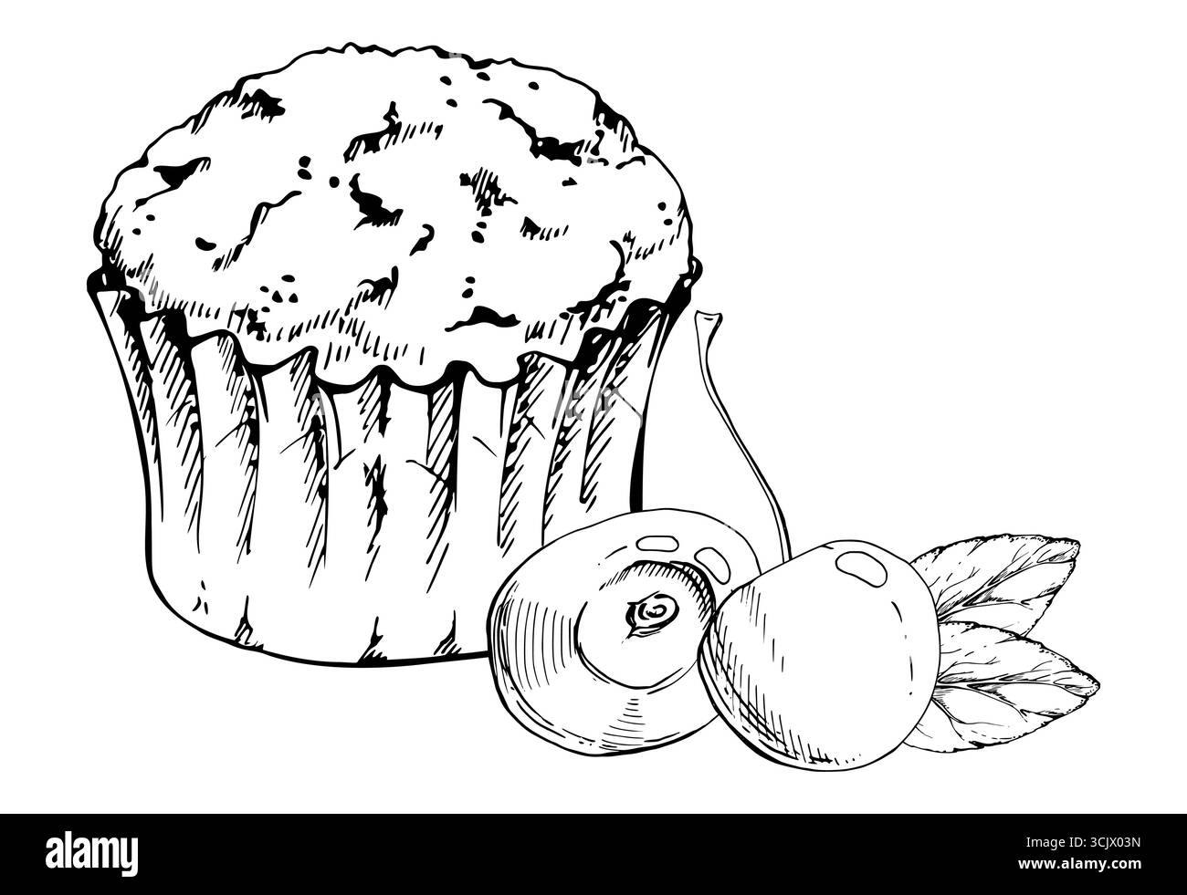 piccola pasta per muffin a quattro punte, cupcake con fodera di carta con rivestimento lucido e foglie di ciliegia. Illustrazione isolata disegnata a mano in inchiostro vettoriale. Panetteria Illustrazione Vettoriale