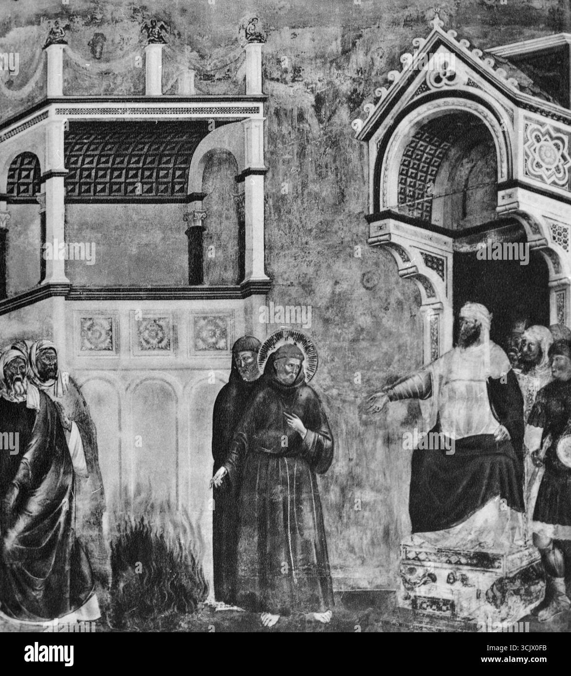 Processo di San Francesco con il fuoco, dipinto dell'artista italiano Giotto, Assisi, Italia anni '1200 Foto Stock