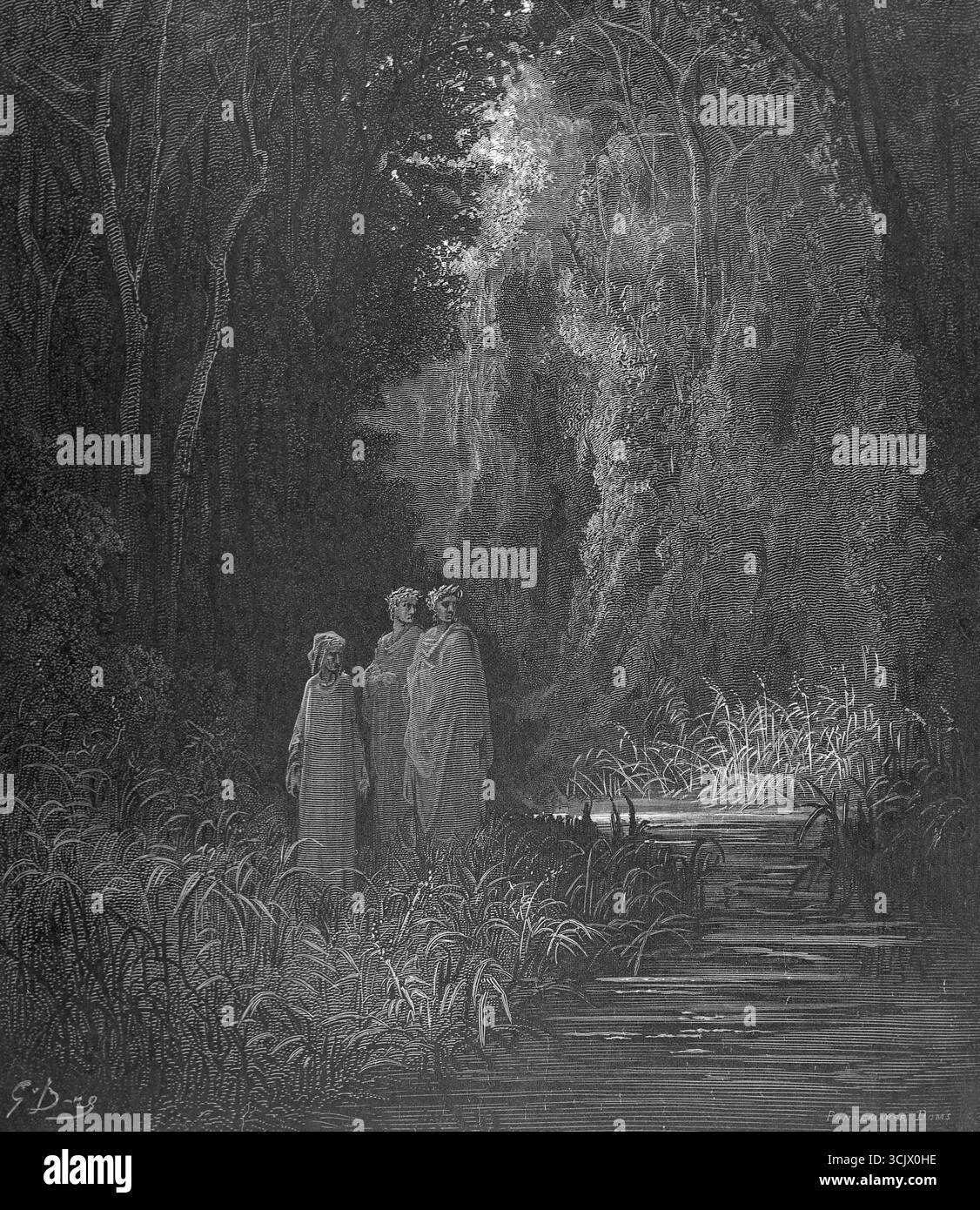 Dante, Virgilio e Stazio nel Paradiso terrestre, Divina Commedia, illustrazione dell'artista francese Gustave Dore, 1861 Foto Stock