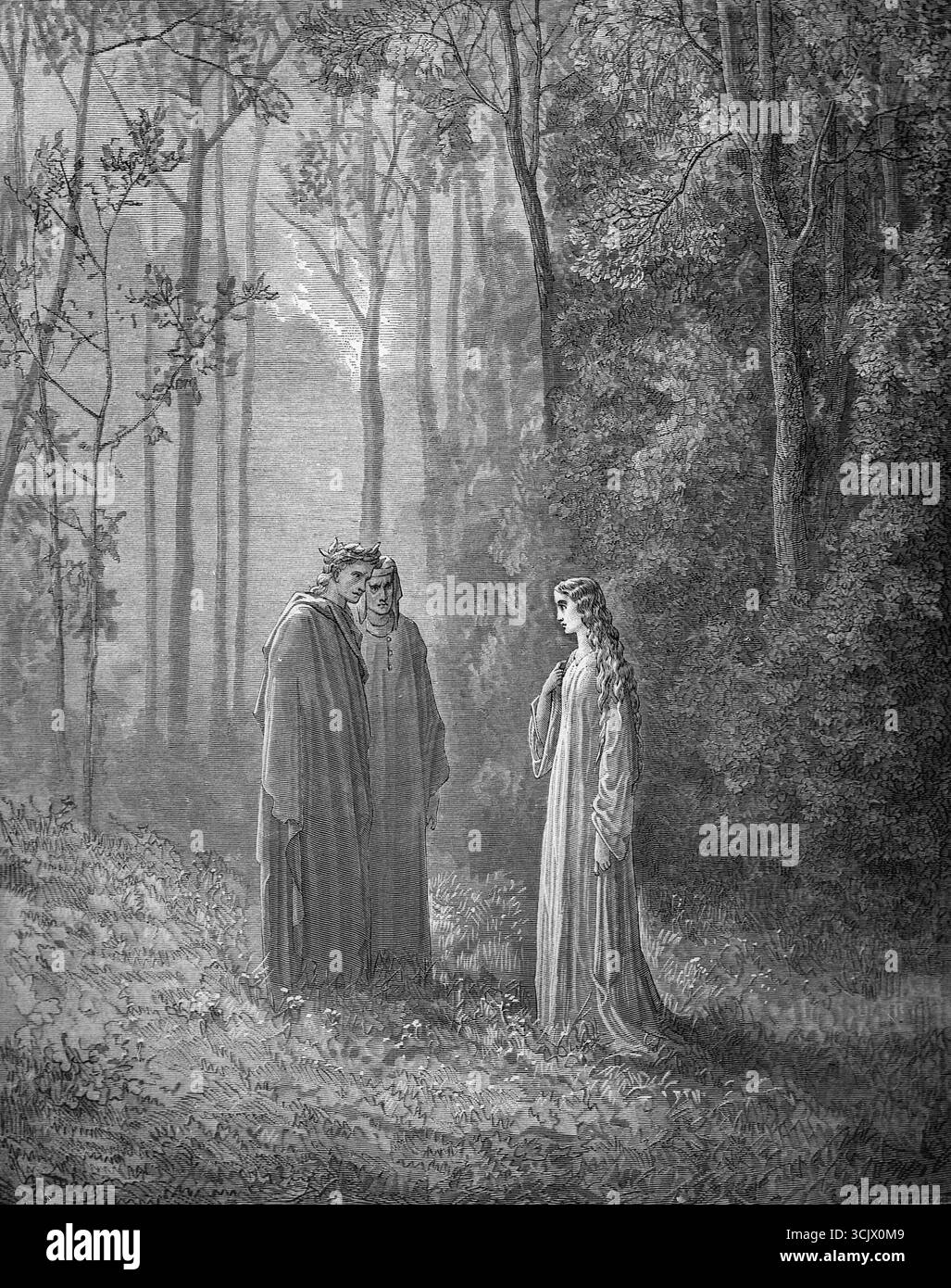 Dante, Virgilio e Beatrice in il Paradiso terrestre, Divina Commedia, illustrazione dell'artista francese Gustave Dore, 1861 Foto Stock