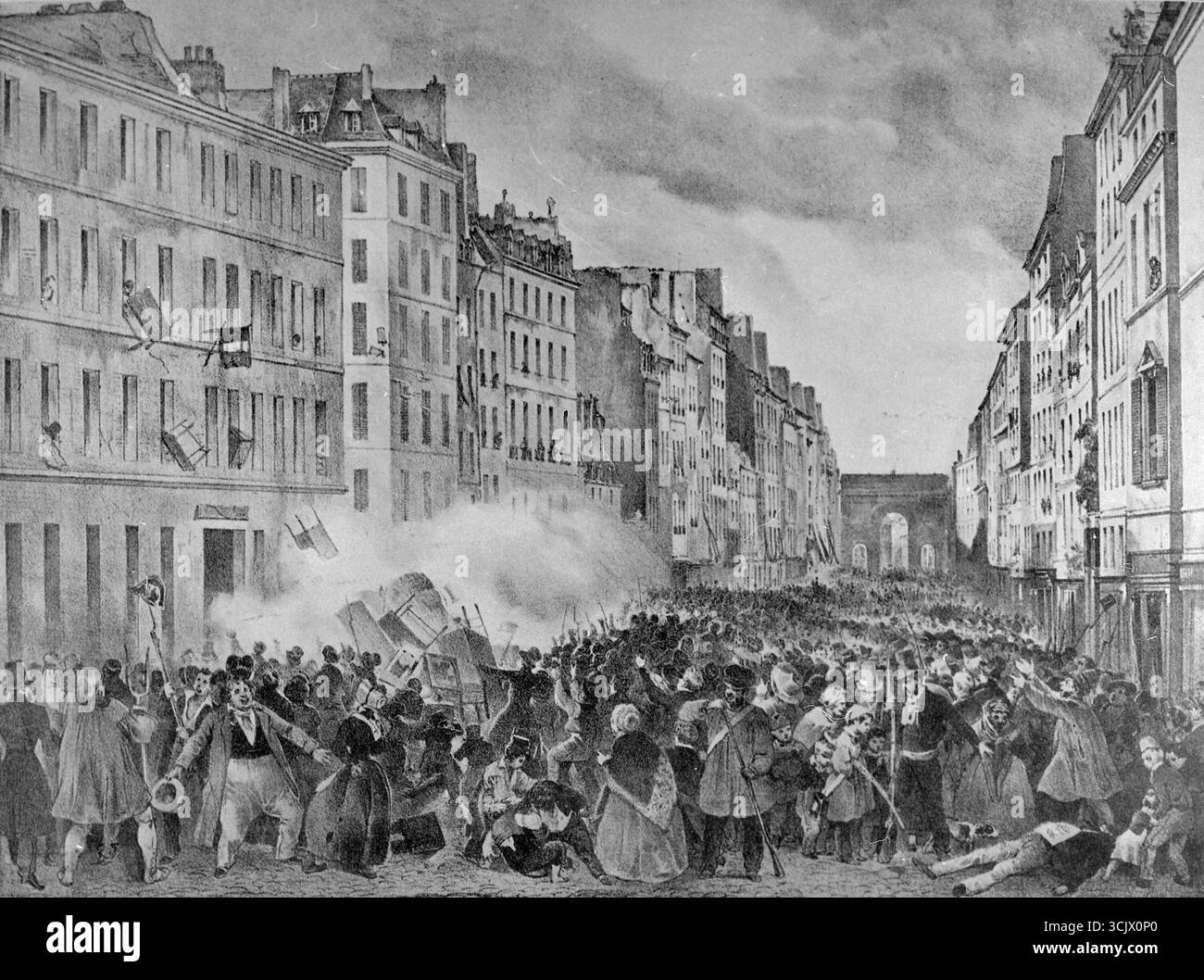 Rivoluzione di luglio francese: Il popolo alla caserma della Gendarmeria, illustrazione, 1830 Foto Stock