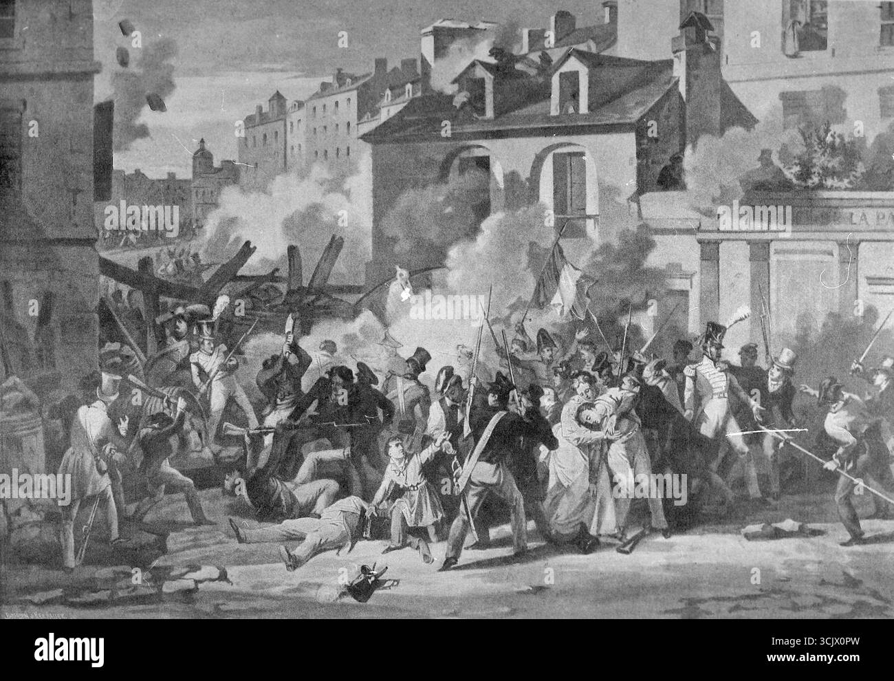 Rivoluzione di luglio francese: Difesa di una barricata, illustrazione, 1830 Foto Stock