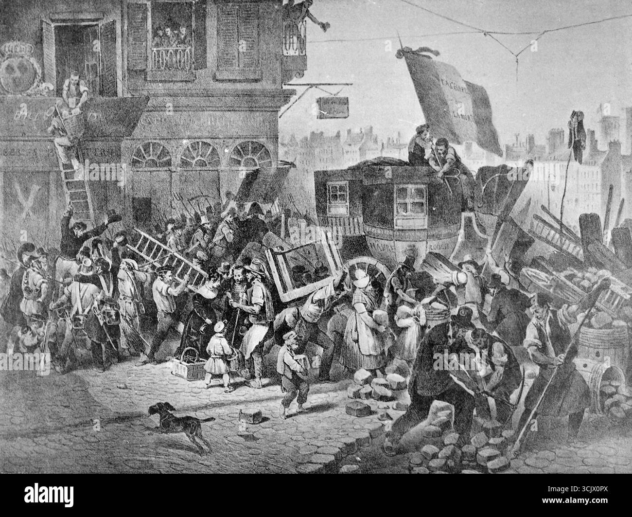 Rivoluzione di luglio francese: Costruzione di una barricata, illustrazione, 1830 Foto Stock