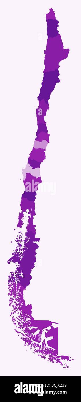 Mappa del Cile con le regioni. Solo una semplice mappa di confine con la divisione della regione. Tavolozza dei colori viola. Illustrazione Vettoriale