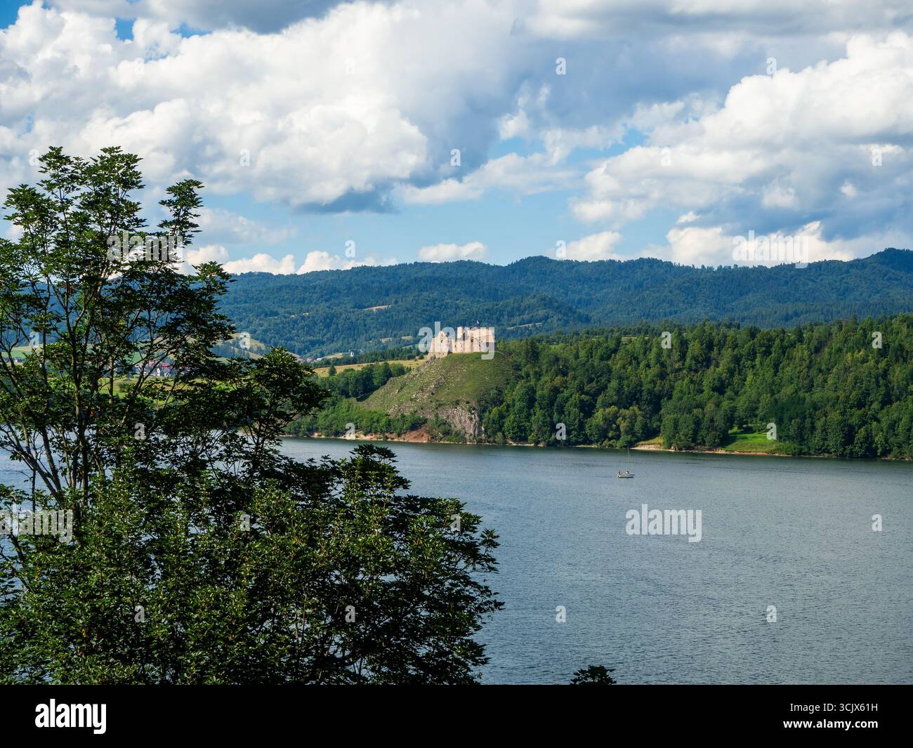 Rovine del castello medievale di Czorsztyn, Polonia. Lago artificiale Czorsztyn sul fiume Dunajec. Un albero e una barca a vela. La catena montuosa di Gorce nel backgrou Foto Stock