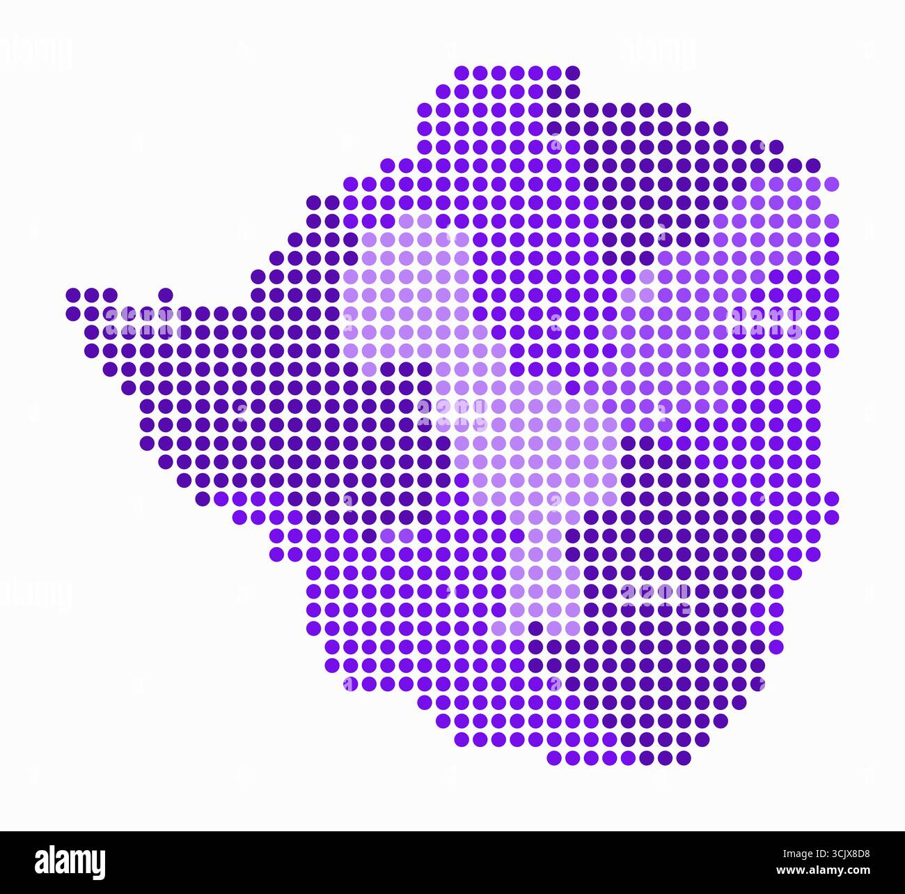 Mappa punteggiata dello Zimbabwe. Mappa digitale del paese su sfondo bianco. Forma dello Zimbabwe con punti circolari. Stile puntini colorati. Cerchi di grandi dimensioni. Illustrazione Vettoriale