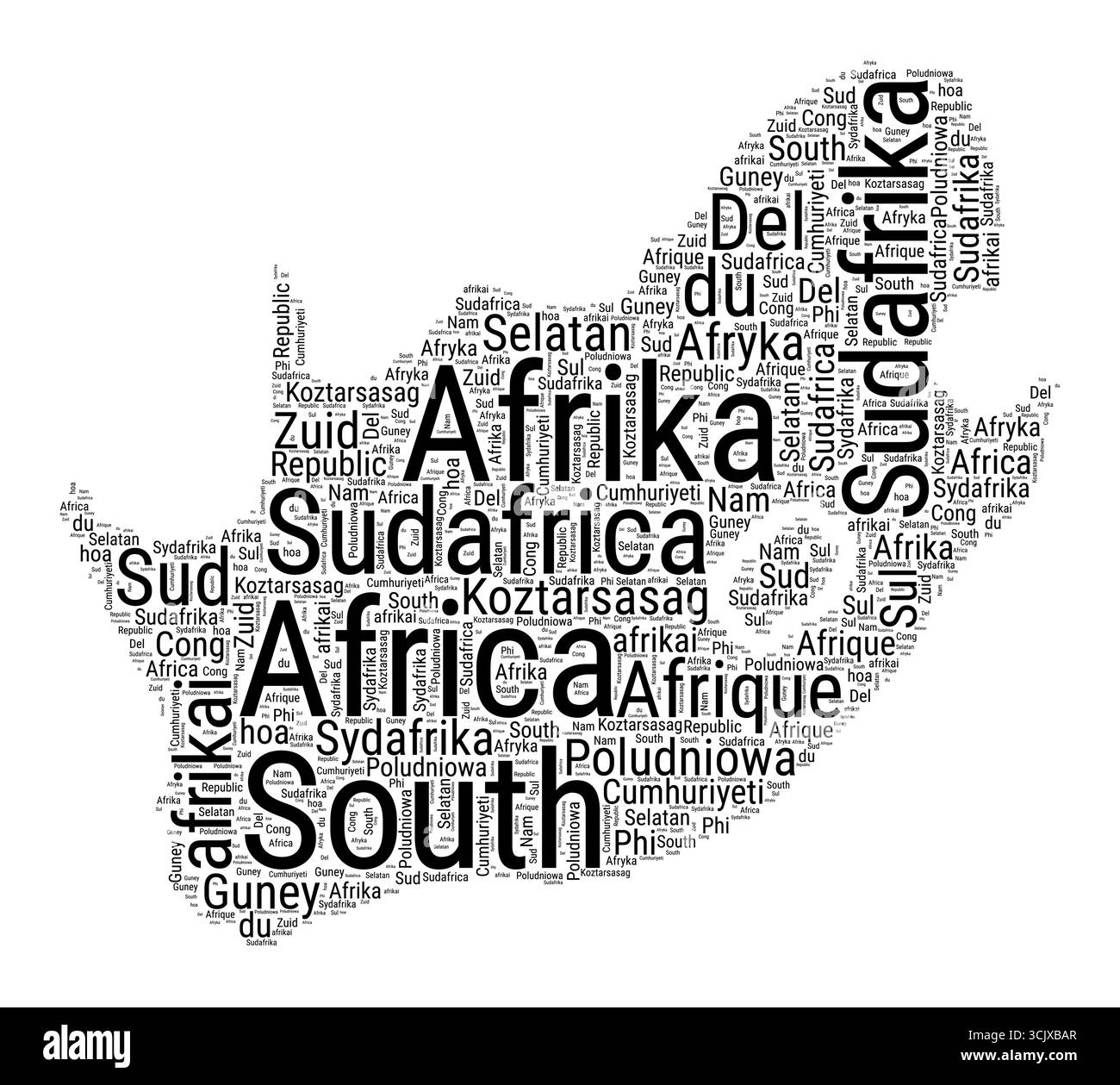 Nuvola di parole in bianco e nero in forma sudafricana. Semplice illustrazione del paese in stile tipografico. Illustrazione Vettoriale