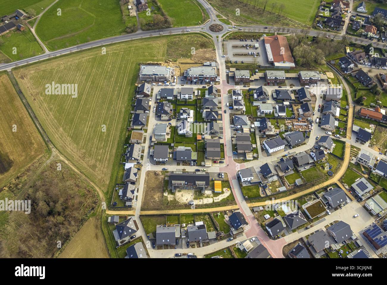 Vista aerea, nuova zona residenziale Linders Feld, Anholt, Isselburg, Renania settentrionale-Vestfalia, Germania, nuova area residenziale, Linders Feld, residenziale Foto Stock