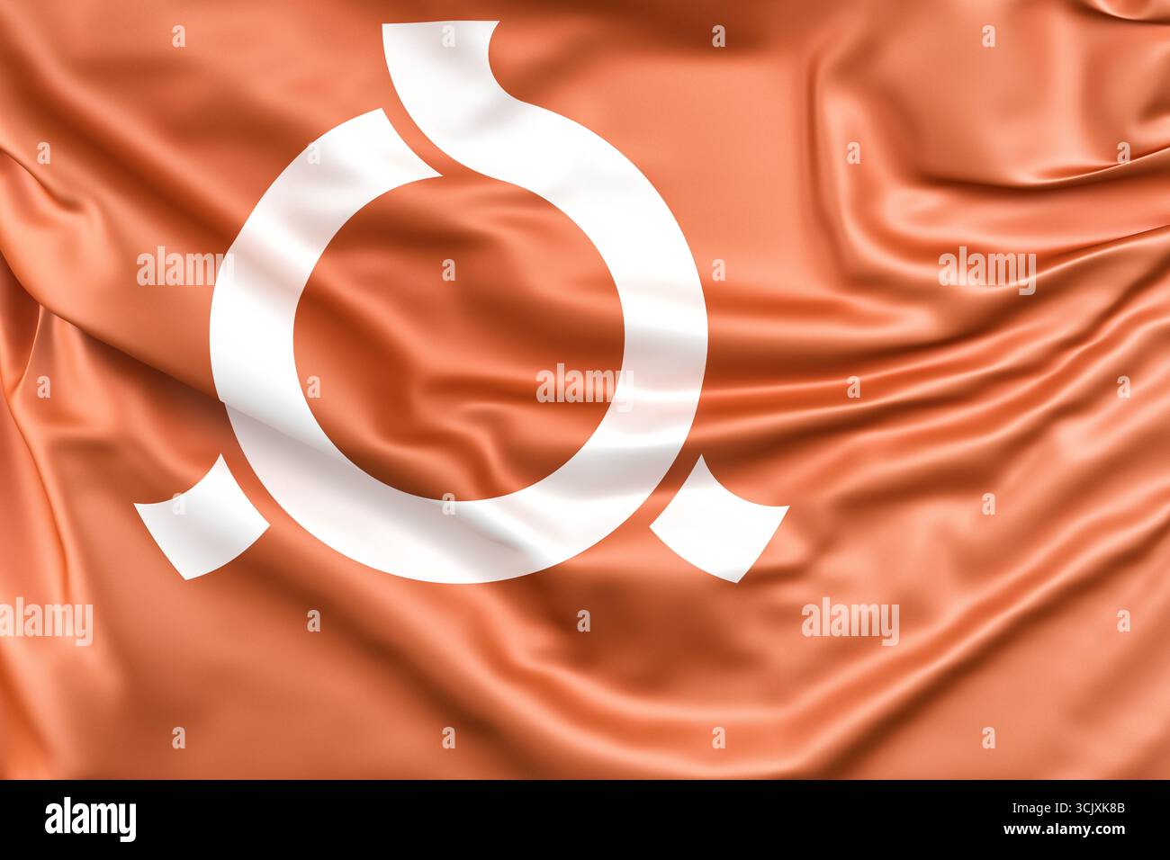 Primo piano della bandiera della Prefettura di Fukushima, con il suo colore arancione e l'emblema stilizzato. Rendering 3D. Foto Stock