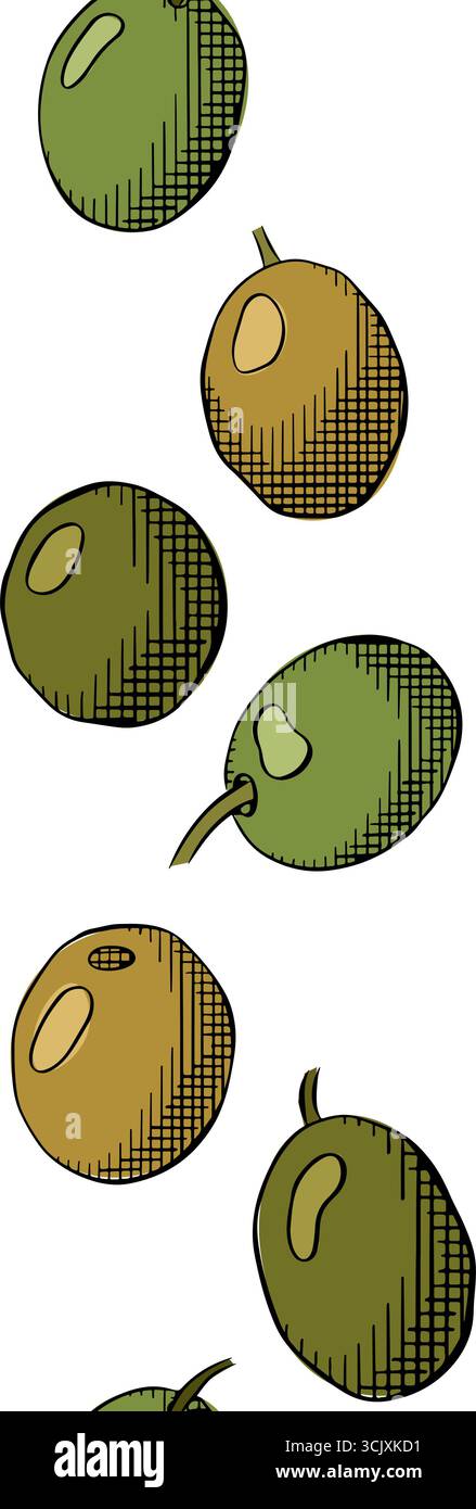 Elegante bordo verticale senza cuciture per frutti di oliva. Illustrazione colorata con inchiostro a linee grafiche vettoriali. Per poster, volantini, banner, inviti, social media, festa Illustrazione Vettoriale