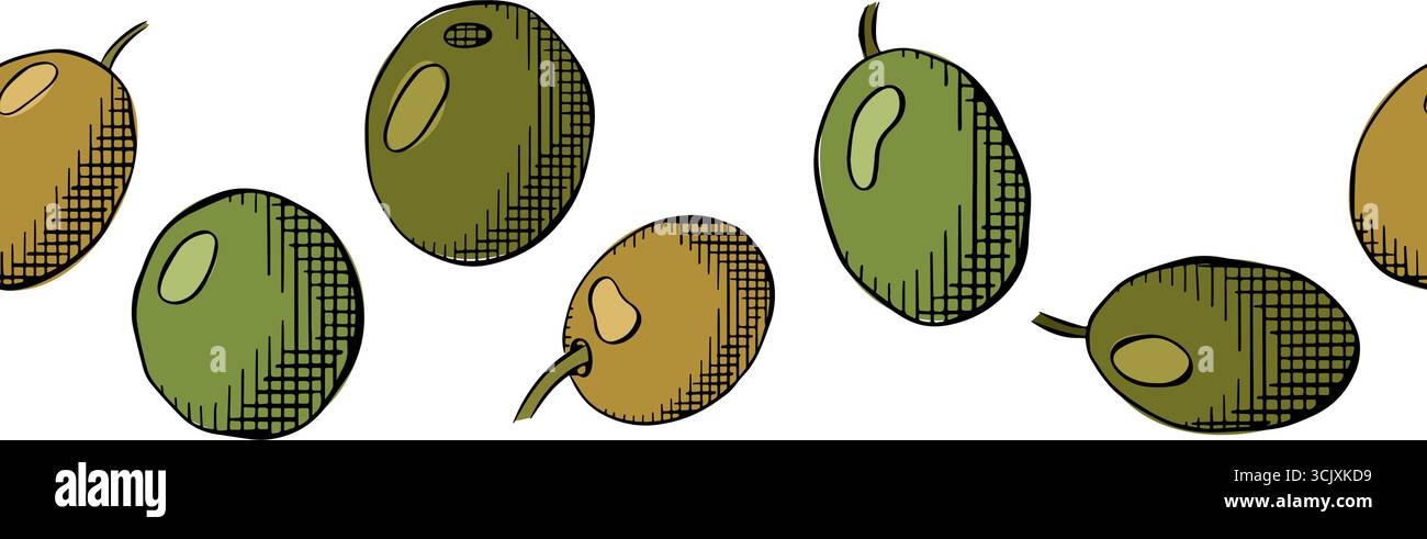 Elegante bordo orizzontale senza cuciture per frutti di oliva. Illustrazione colorata con inchiostro a linee grafiche vettoriali. Per poster, volantini, banner, inviti, social media, par Illustrazione Vettoriale