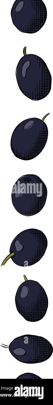 Bordo senza fine della linea verde oliva. Bordo verticale senza cuciture con bacca nera di oliva. Illustrazione colorata con inchiostro a linee grafiche vettoriali. Macchia mediterranea minimale lineare Illustrazione Vettoriale