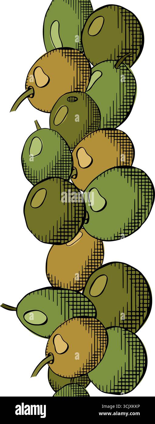 Bordo verticale senza cuciture a bacca verde oliva. Illustrazione colorata con inchiostro a linee grafiche vettoriali. Frutta a olio greca, raccolto agricolo. Fregio orizzontale inchiostro artistico. PA Illustrazione Vettoriale