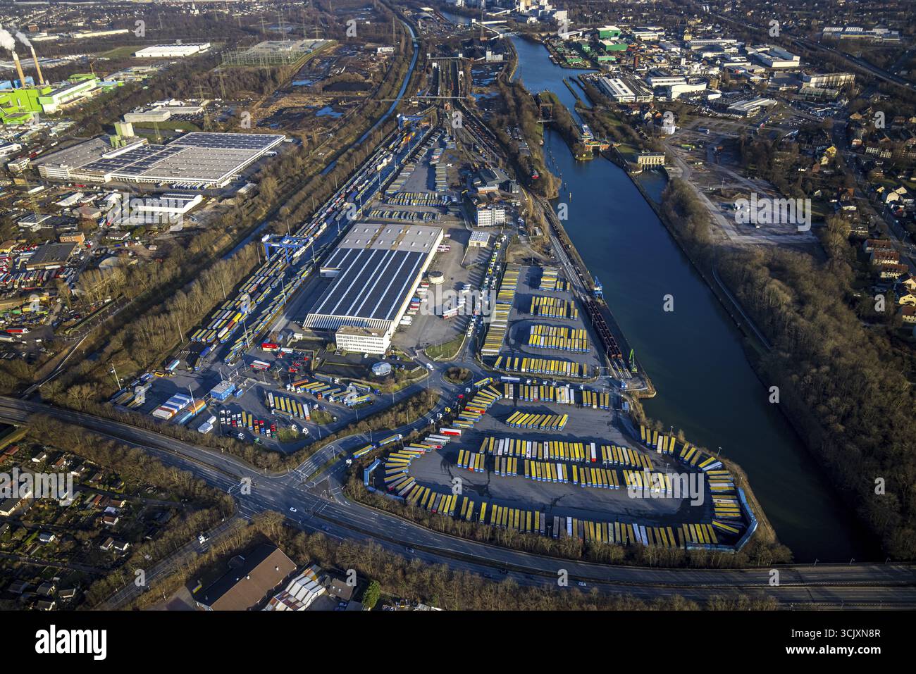 Vista aerea, AM Westhafen, CTH Container Terminal am Rhein-Herne-Kanal, Unser Fritz, Herne, regione della Ruhr, Renania settentrionale-Vestfalia, Germania, Westhafen, truffa Foto Stock
