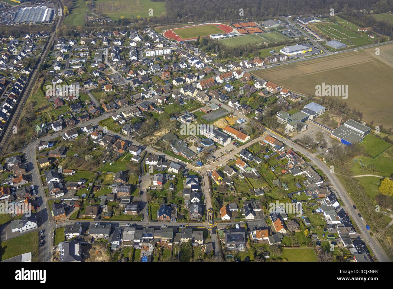 Vista aerea, zona residenziale Westtuennen, cantiere a Brehmstrasse, distretto di Rhynern, Hamm, zona della Ruhr, Renania settentrionale-Vestfalia, Germania, resi Foto Stock