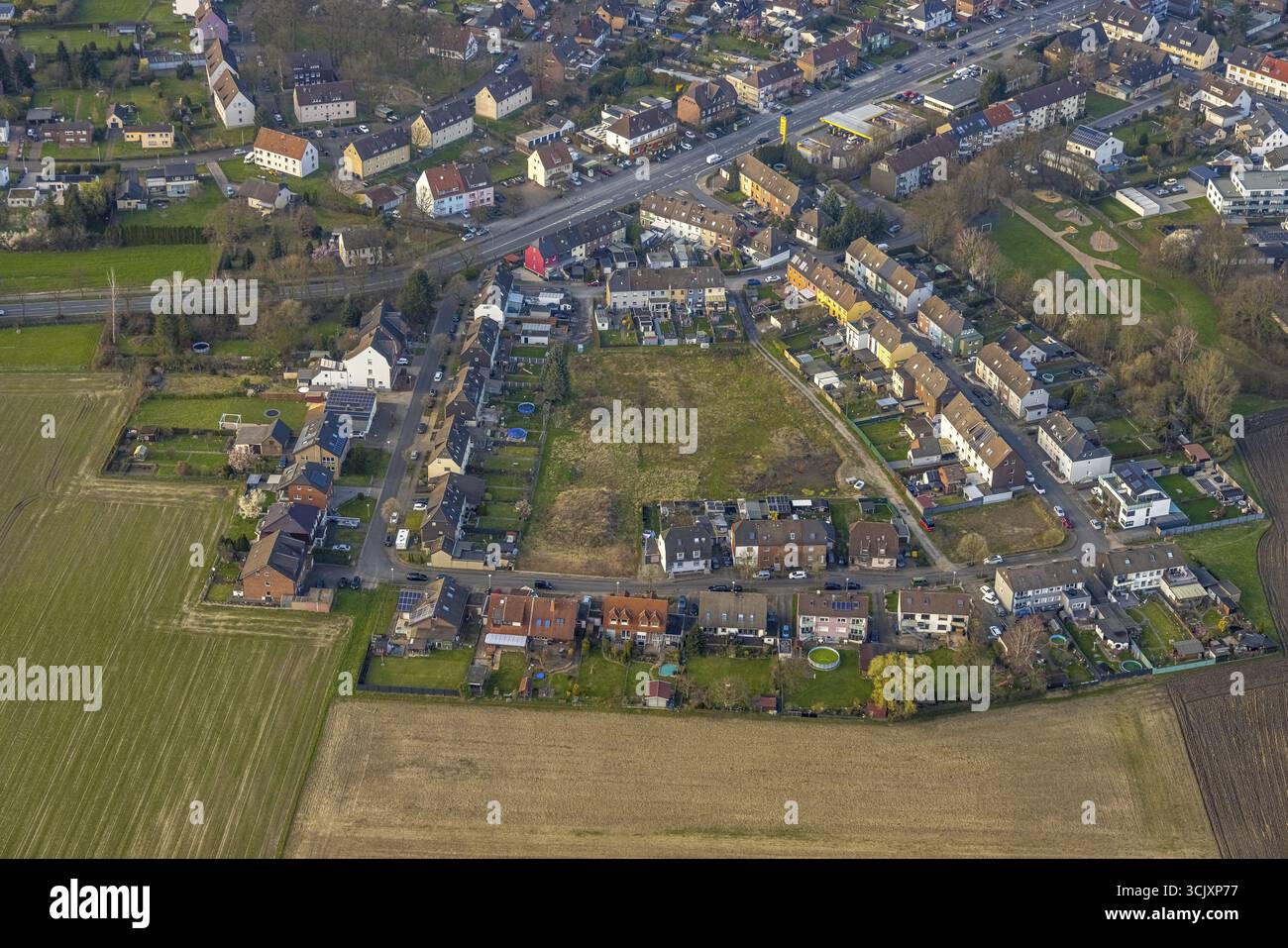Vista aerea, nuova area di costruzione Kupferstrasse, zona residenziale, quartiere Pelkum, Hamm, zona della Ruhr, Renania settentrionale-Vestfalia, Germania, nuovo costruttio Foto Stock