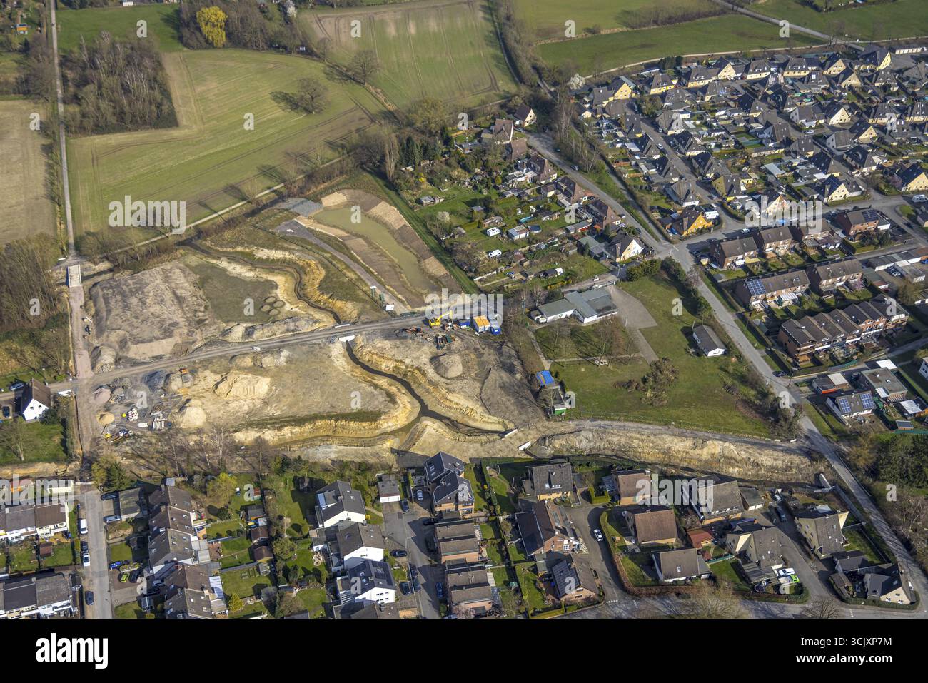 Vista aerea, lavori di costruzione Lippeverband, rinaturalizzazione Erlenbach tra Mennenkamp e Geithe, Uentrop, Hamm, regione della Ruhr, Renania settentrionale-Westphali Foto Stock
