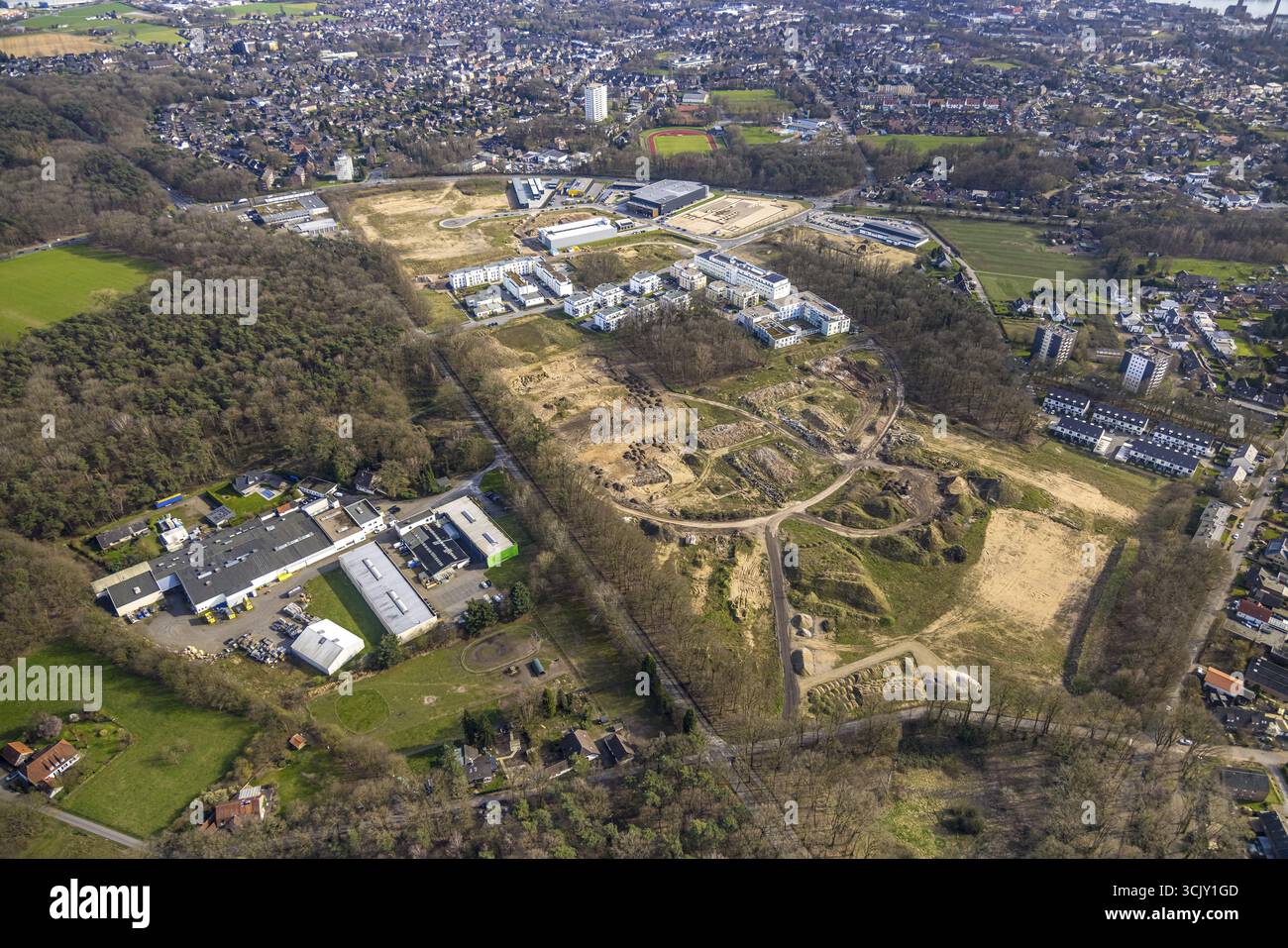 Vista aerea, nuova costruzione, sito di caserme, area di costruzione Georg-Elser-Strasse, nuova zona residenziale Moritz-von-Nassau-Strasse e Mona Gewerbepar Foto Stock