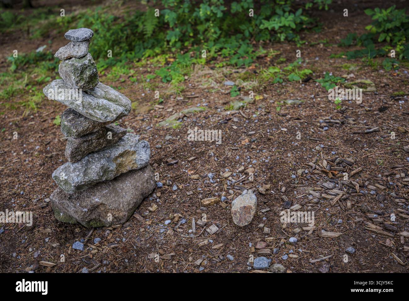 Una figura in pietra dal design creativo si trova in una foresta in Germania. Diverse pietre sono accuratamente impilate l'una sull'altra per formare una forma armoniosa Foto Stock