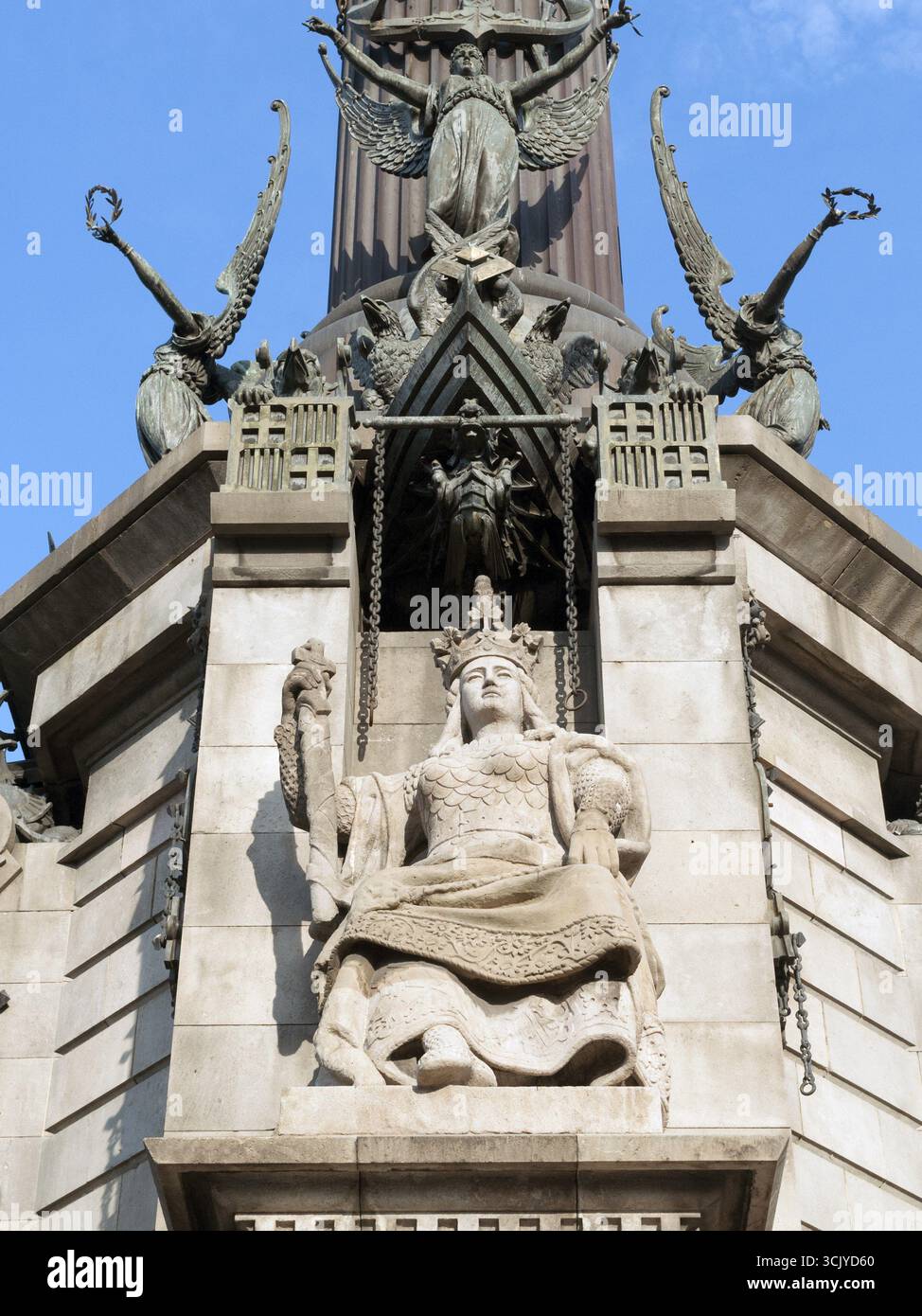 Frammento del monumento di Colombo a Barcellona, questa scultura simboleggia il regno di Spagna Aragona Foto Stock
