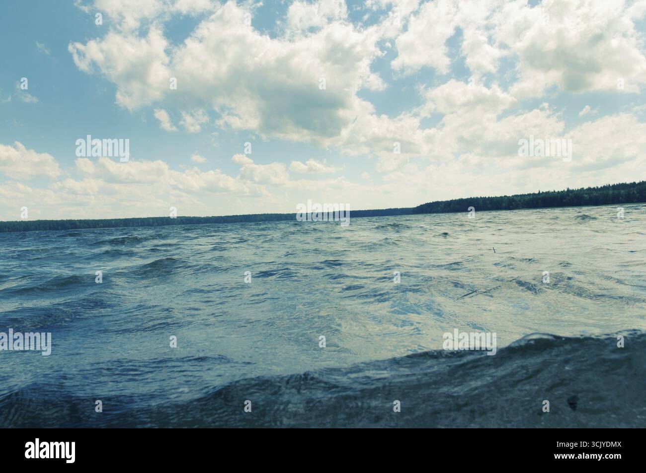 Acque fredde ondulate del lago forestale sotto il cielo nuvoloso blu Foto Stock