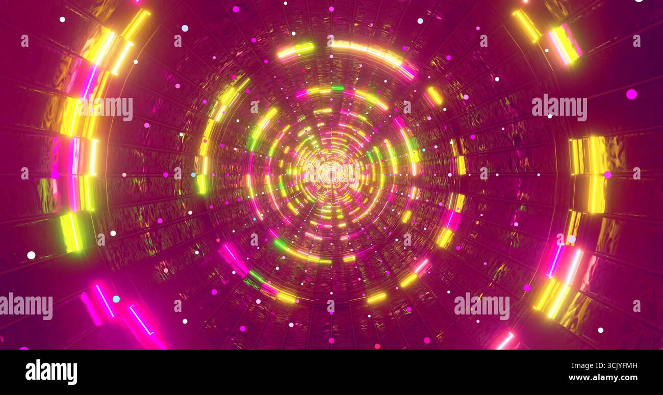Le vivaci luci vorticose di rosa, giallo e viola creano un effetto tunnel dinamico. I colori brillanti suggeriscono movimento ed energia in un istante astratto Foto Stock