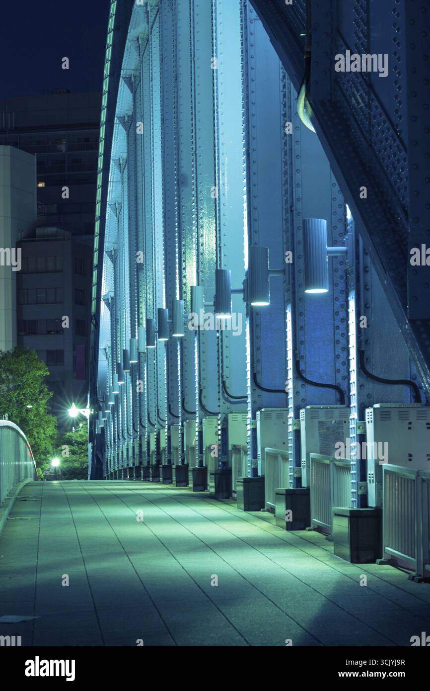Percorso pedonale lungo la struttura ad arco metallico del ponte cittadino illuminato di notte Foto Stock