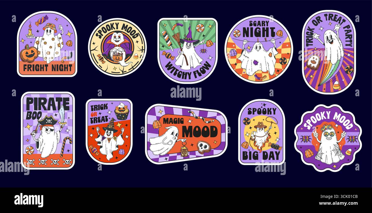 Adesivi retrò per Halloween, patch hippie spaventose. Cartoni animati y2k carini personaggi fantasma adesivi vettoriali con dolcetti o scherzi di Halloween, cappelli da streghe, torta di zucca e ragni Illustrazione Vettoriale