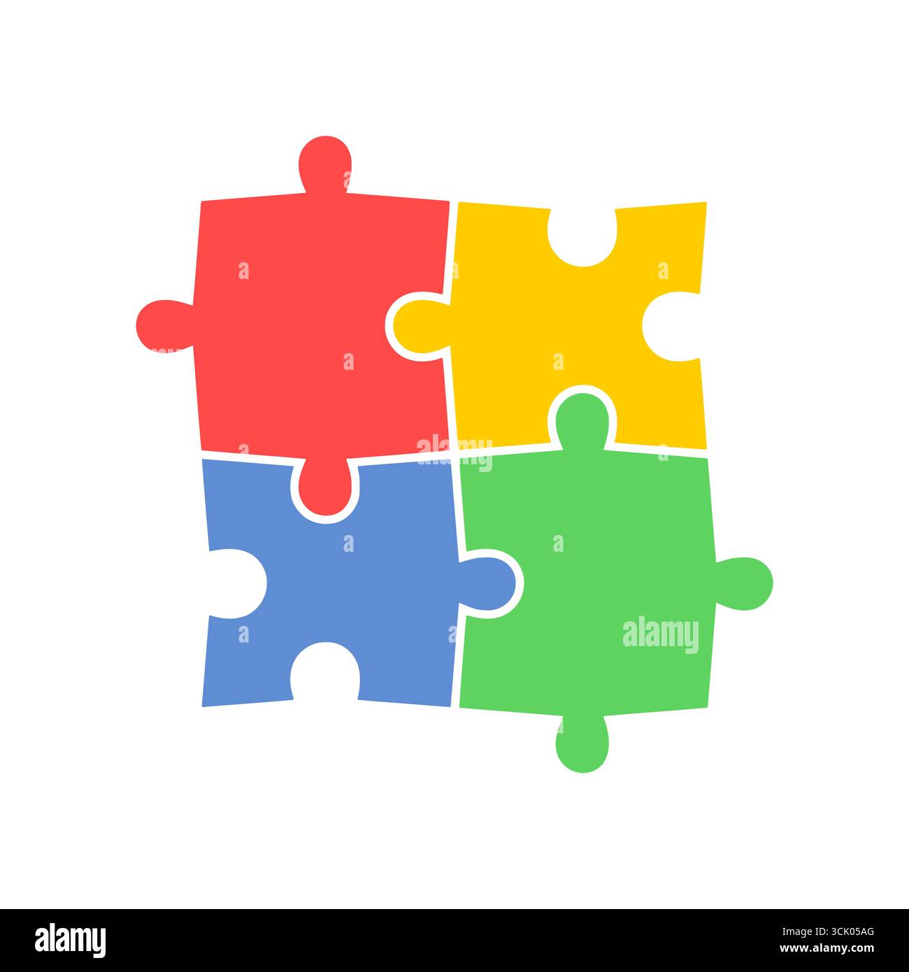 Pezzi del puzzle collegati tra loro - set di oggetti isolati vettoriali. Illustrazione di quattro semplici puzzle. Design piatto. Illustrazione Vettoriale