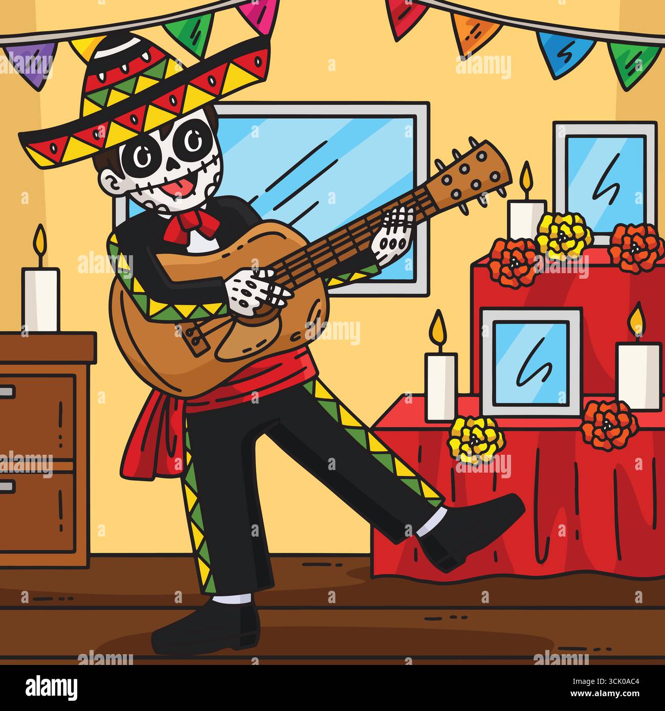 Dia de los Muertos Skeleton Boy che suona la chitarra Illustrazione Vettoriale