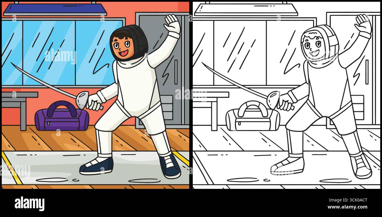 Scherma femmina Fencer EN Garde Position Illustrazione Vettoriale