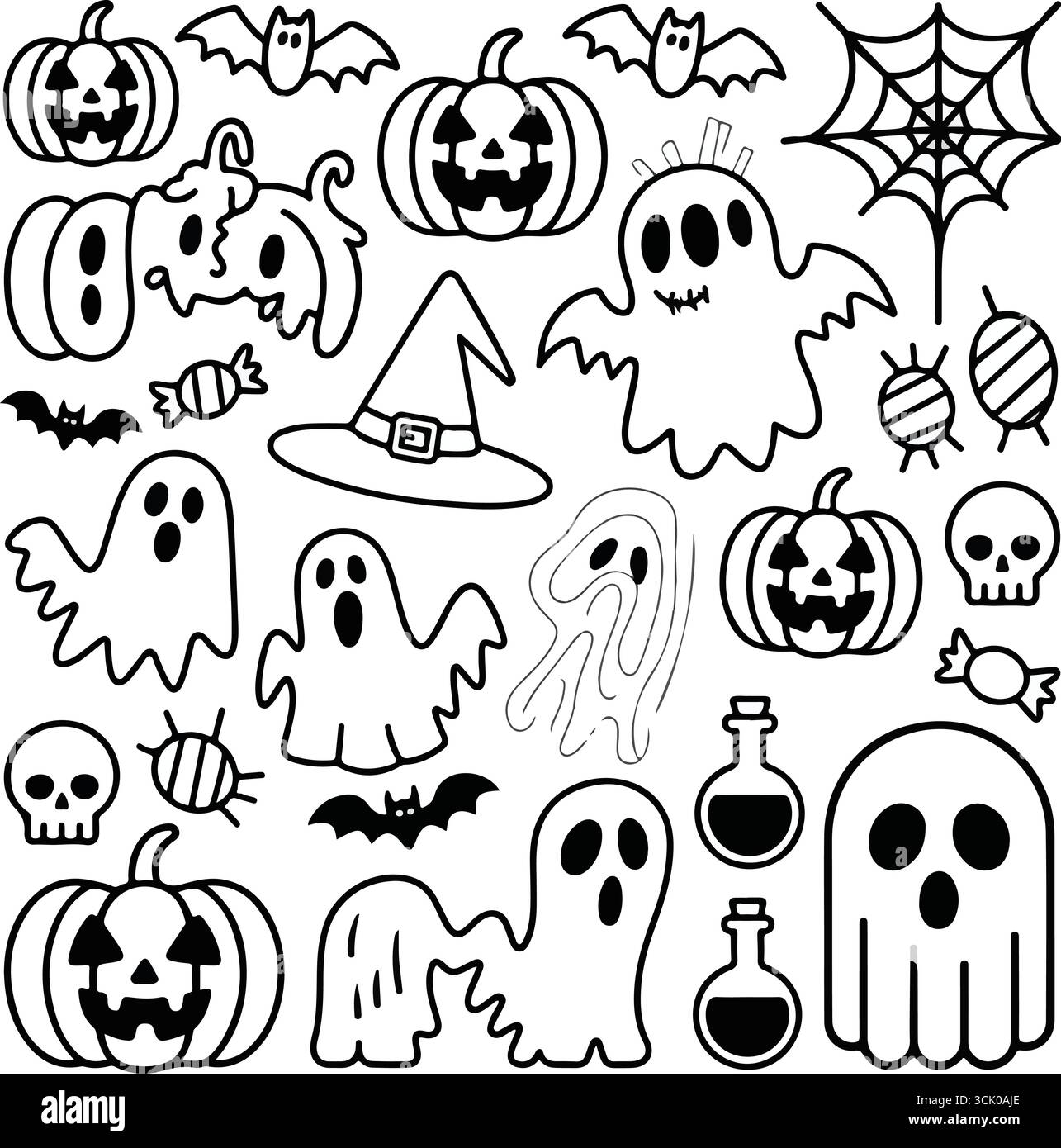 Set Halloween bianco e nero con zucche, fantasmi, pipistrelli, ragni e bottiglie di pozione Illustrazione Vettoriale