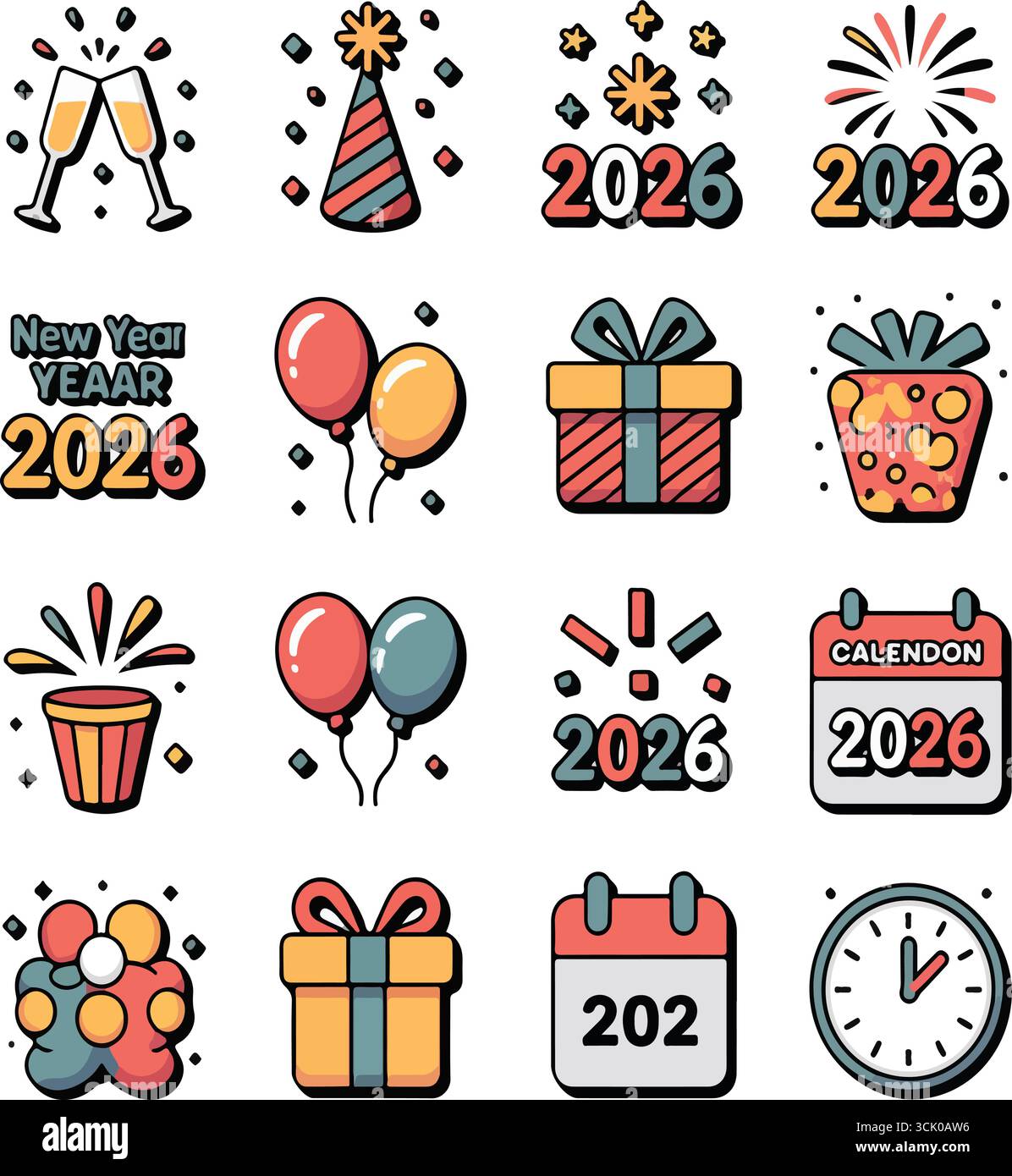 Festività Capodanno 2026 elementi in illustrazioni in stile cartoni animati Illustrazione Vettoriale