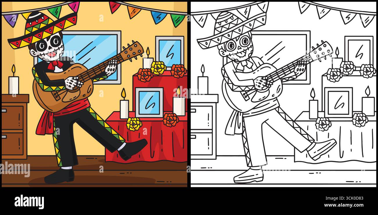 Dia de los Muertos Skeleton Boy che suona la chitarra Illustrazione Vettoriale