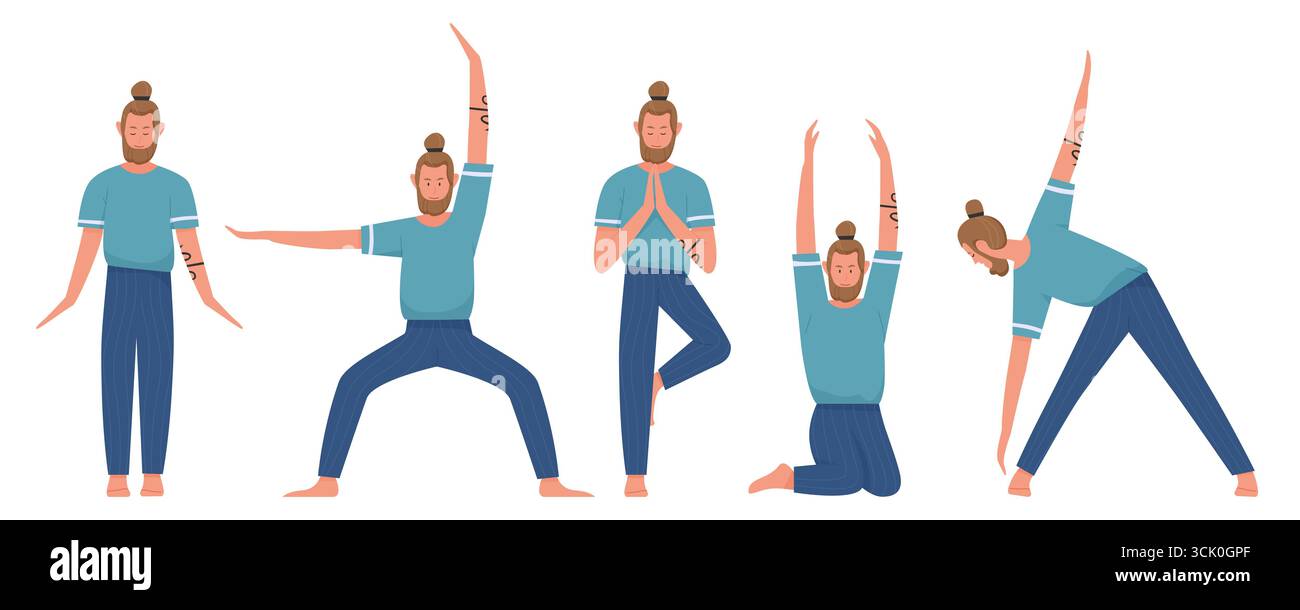 Istruttore di yoga maschile che esegue cinque diverse pose yoga per l'esercizio, fitness, e concetti di benessere, perfetto per blog di salute, poster, o materiali educativi isolati su sfondo bianco illustrazione vettoriale Illustrazione Vettoriale