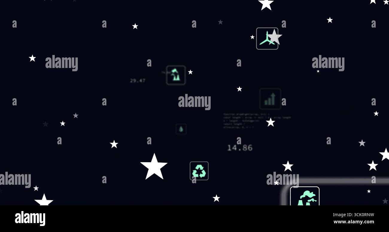 Visualizzazione di stelle e icone di settore, trasporti ed eco che fluttuano sull'interfaccia marina, con sovrapposizioni Foto Stock