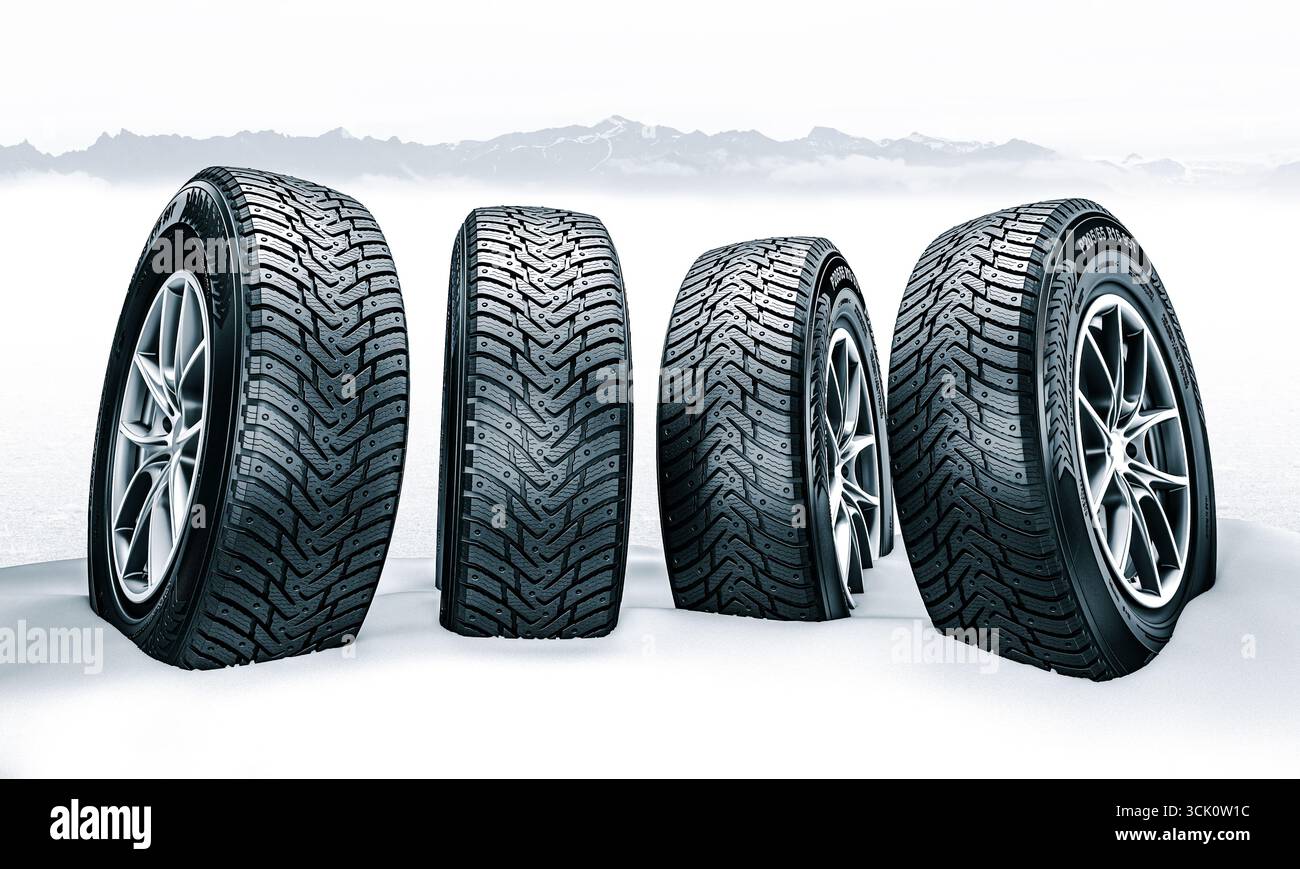 Quattro pneumatici invernali 3d Snow Mountain Foto Stock