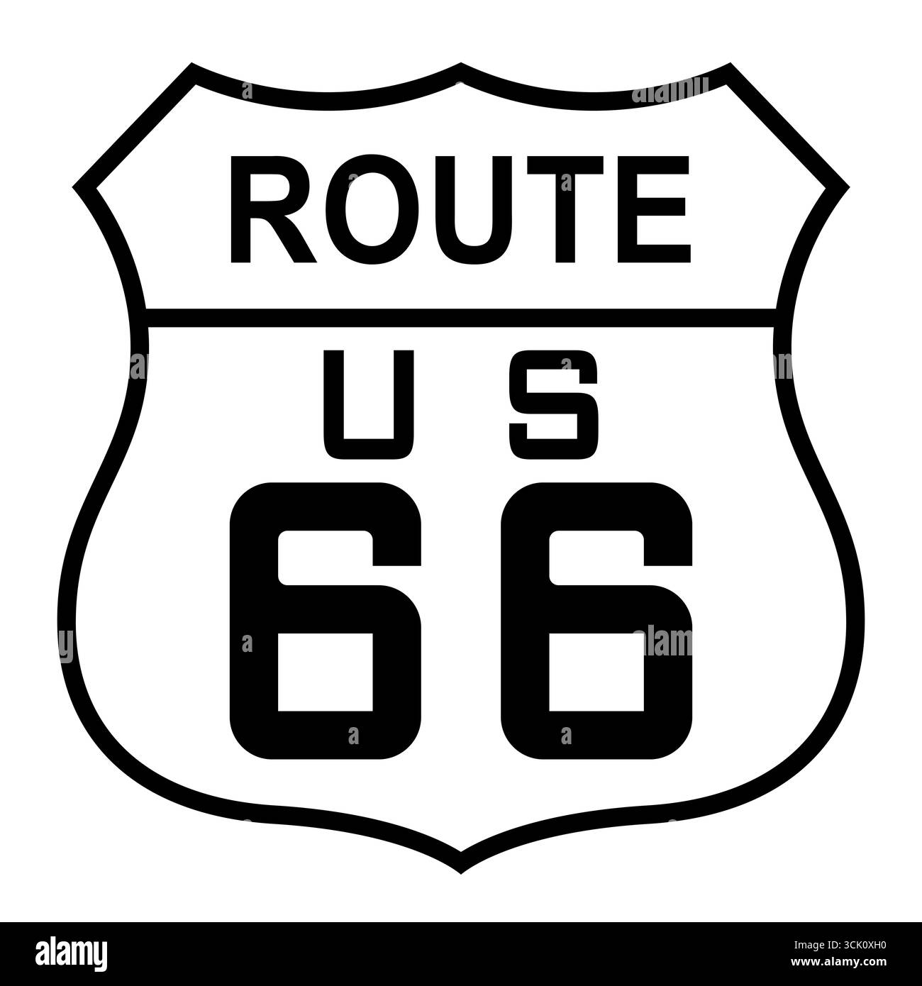 Route 66, scudo. Rappresentazione classica del cartello autostradale della Route 66. U.S. Route 66, Mother Road, una storica autostrada di 2.400 km circa. Foto Stock
