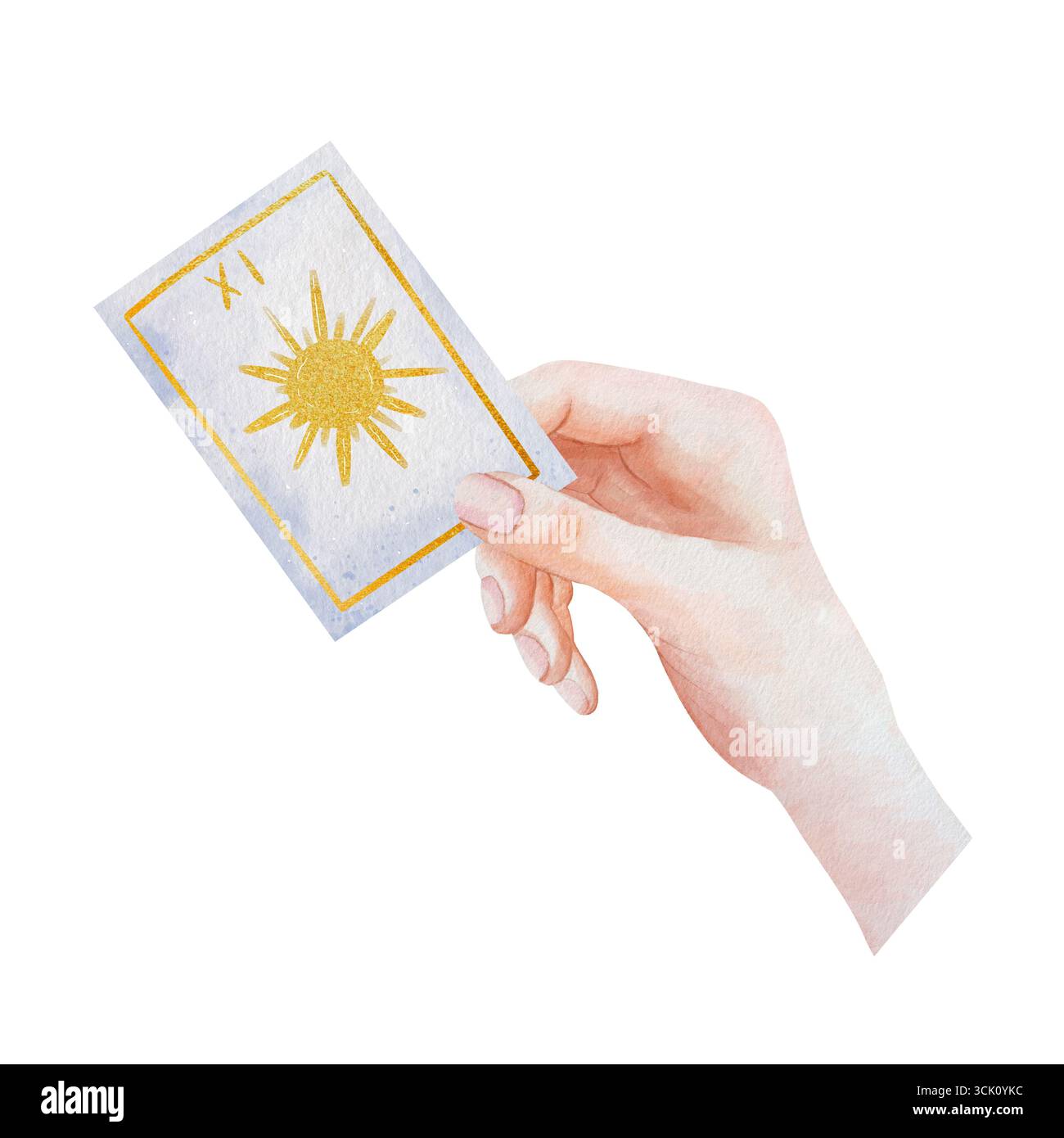 Una mano che regge una carta Tarocchi con un simbolo del Sole in una cornice dorata. Acquerello illustrazione di predizioni o predizioni di fortuna. Disegnato a mano, isolato su sfondo bianco Foto Stock