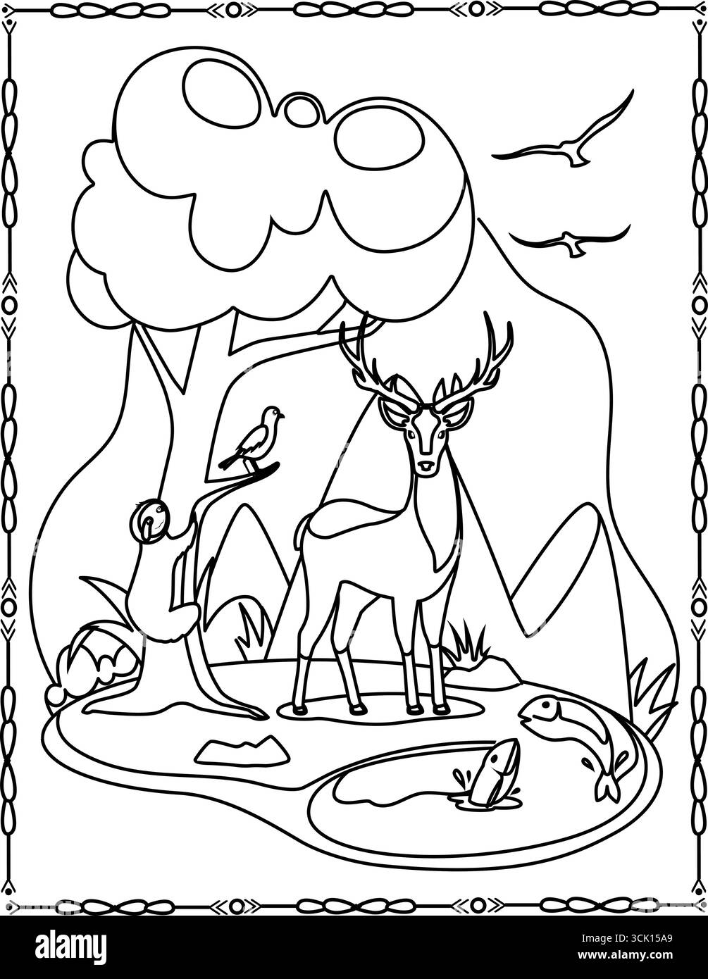 Illustrazione a cartoni animati di un cervo che cammina nell'erba alta sotto un grande albero, in cerca di cibo, un libro o una pagina per bambini. Illustrazione Vettoriale