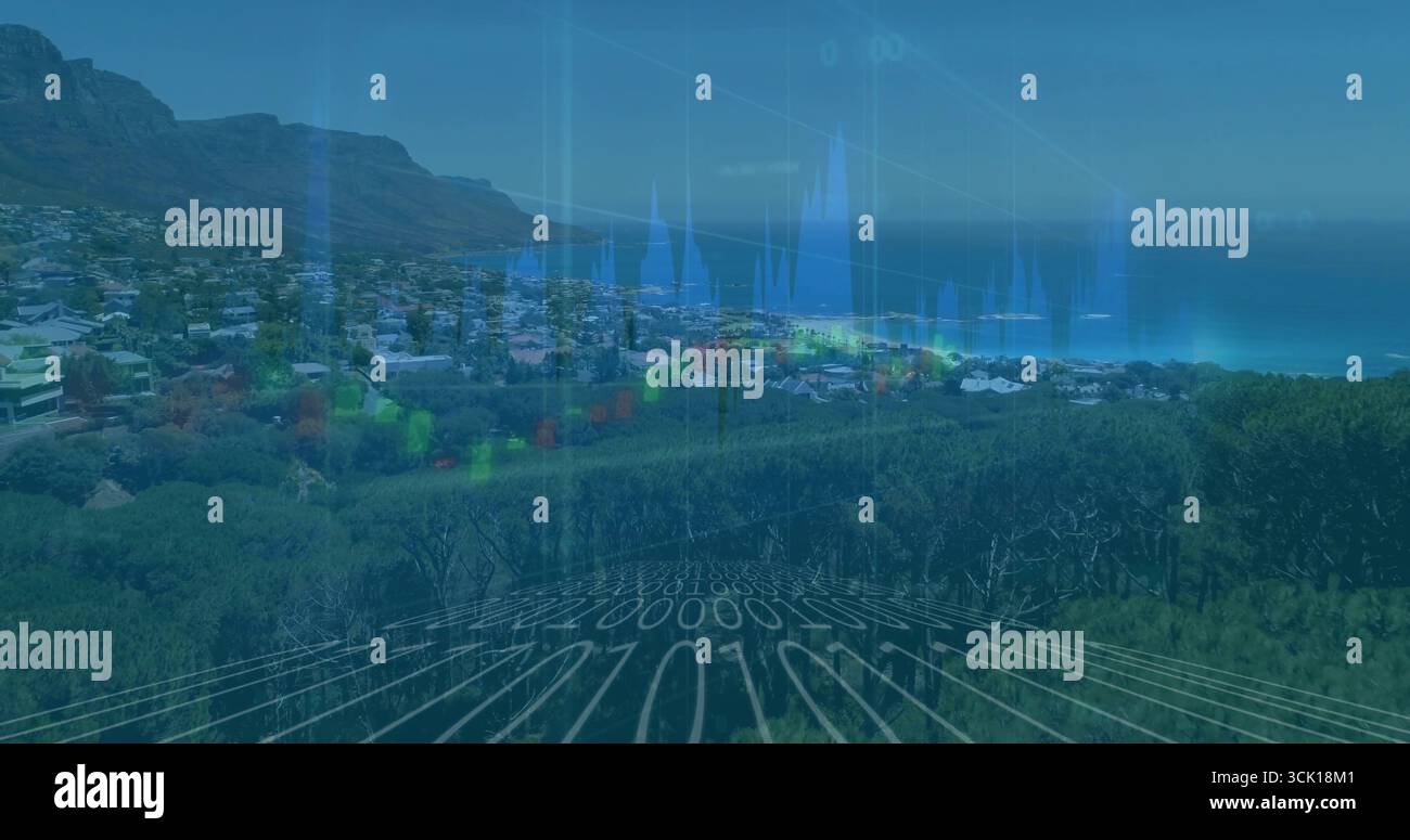 Mostra la sovrapposizione del grafico a linee traslucide sulle case costiere, con candelabro e codice binario Foto Stock