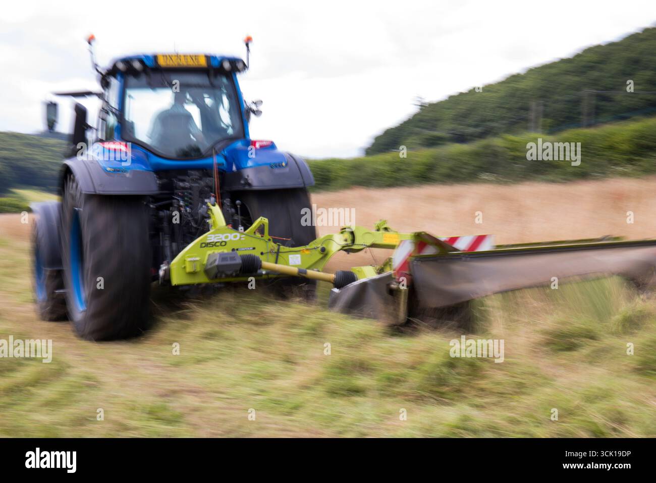 Appaltatore con un trattore Valtra e una falciatrice Claas disco che taglia erba per il fieno in un'azienda agricola biologica. Powys, Galles. Luglio. Foto Stock